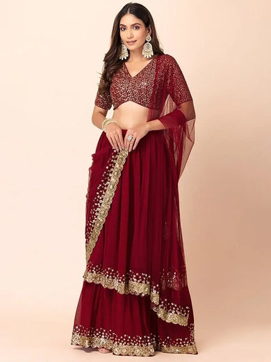 Wonderful Maroon Sequins Georgette Party Wear Lehenga Choli